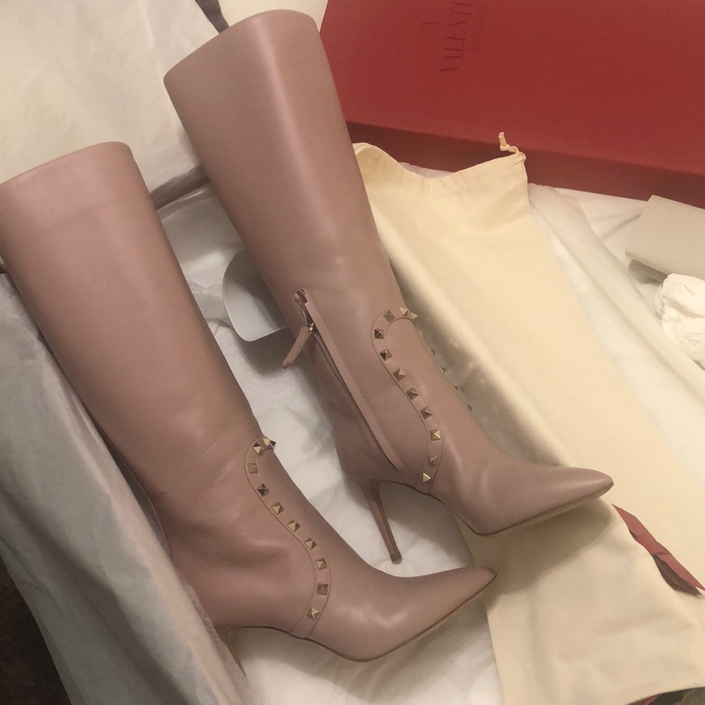 Valentino Gavarani Blush/Gold Studded Leather Boots